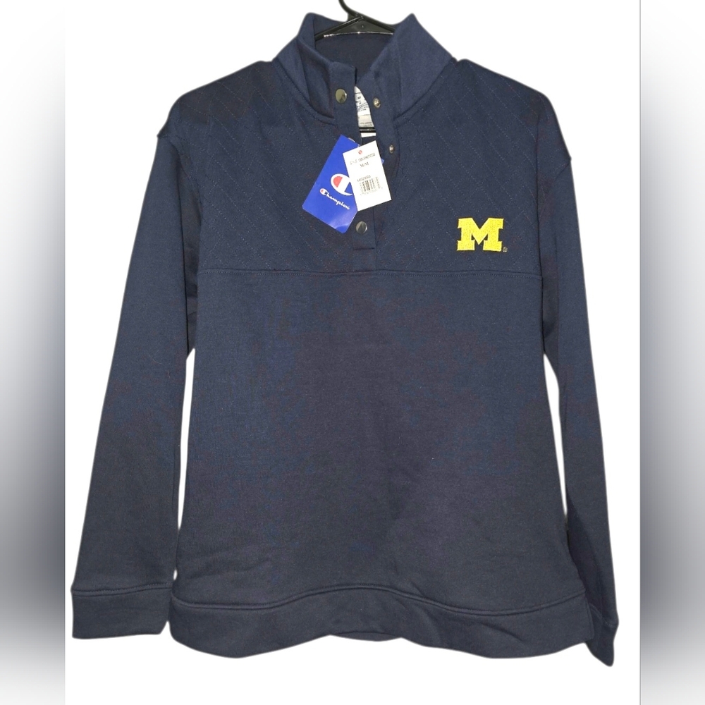 Michigan Wolverines Champion Men 1/4 Button Medium Pullover Sweater Blue Quilted